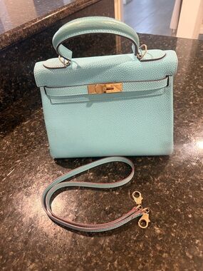 Top-Handle Crossbody Bag in Aqua with Gold Hardware Kelly bag